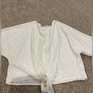 Caution To The Wind Cream Eyelet Tie-Front Blouse